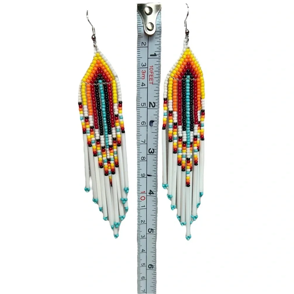 White Beaded Colorful Seed Bead Long Dangle Pierced Earrings Native Southwestern - Picture 4 of 5
